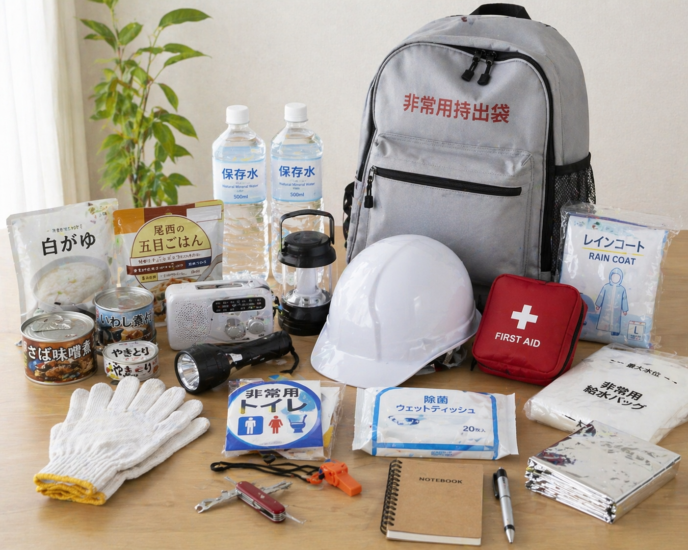 非常用持出袋と防災グッズ一式