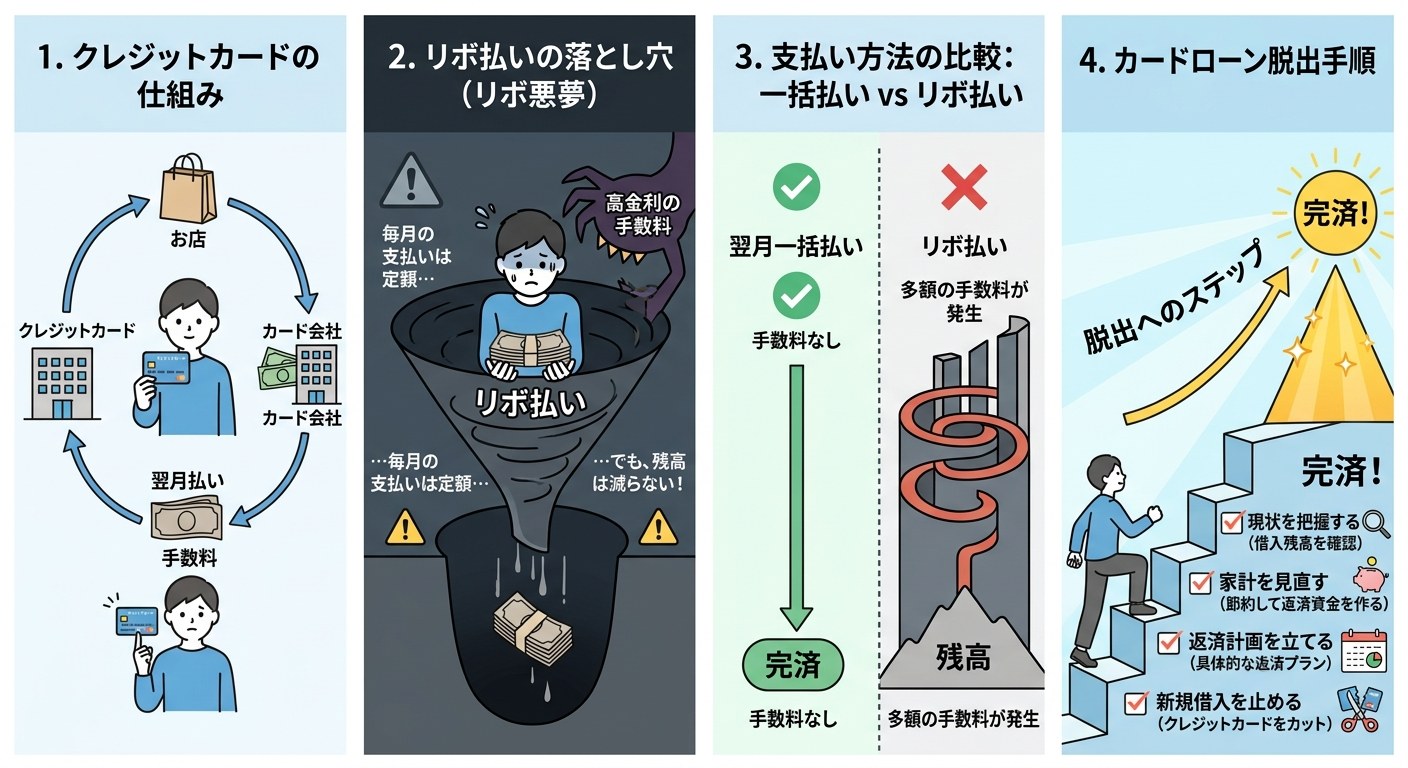クレジットカードの仕組み・リボ払いの落とし穴・支払い方法の比較・脱出手順の解説図