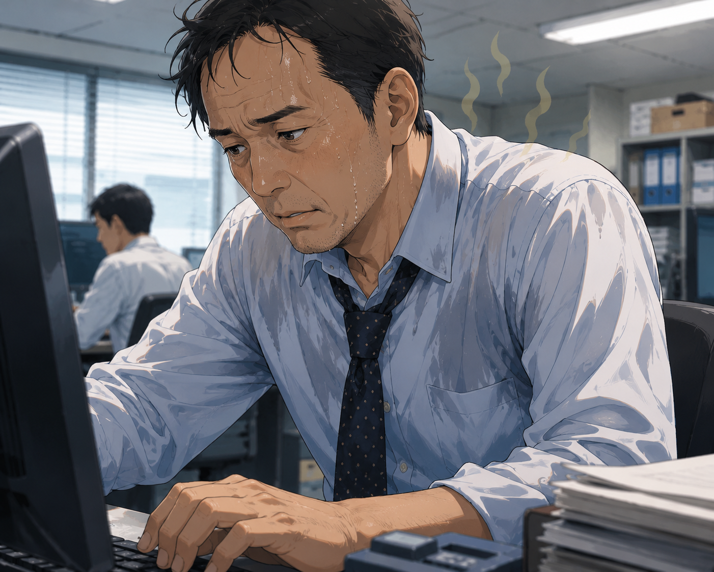 職場で汗だくになるサラリーマン