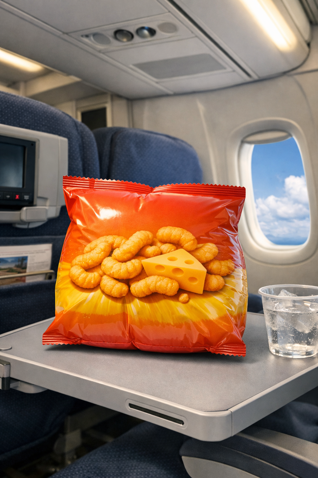 飛行機の機内でパンパンに膨らんだお菓子の袋