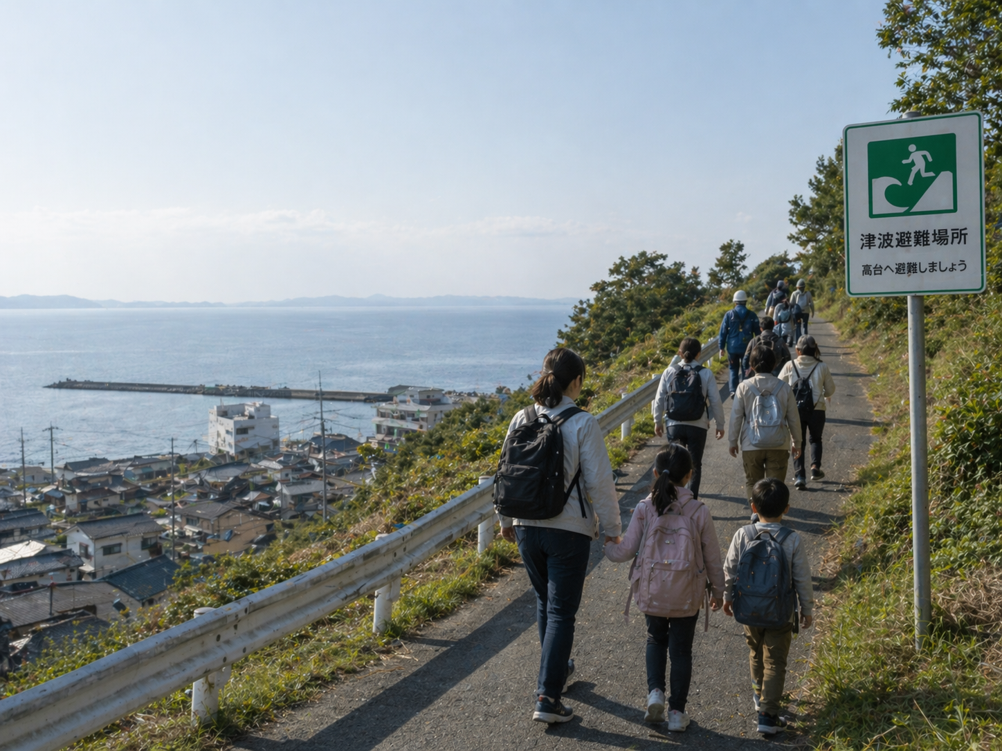 津波避難場所へ向かう家族の様子